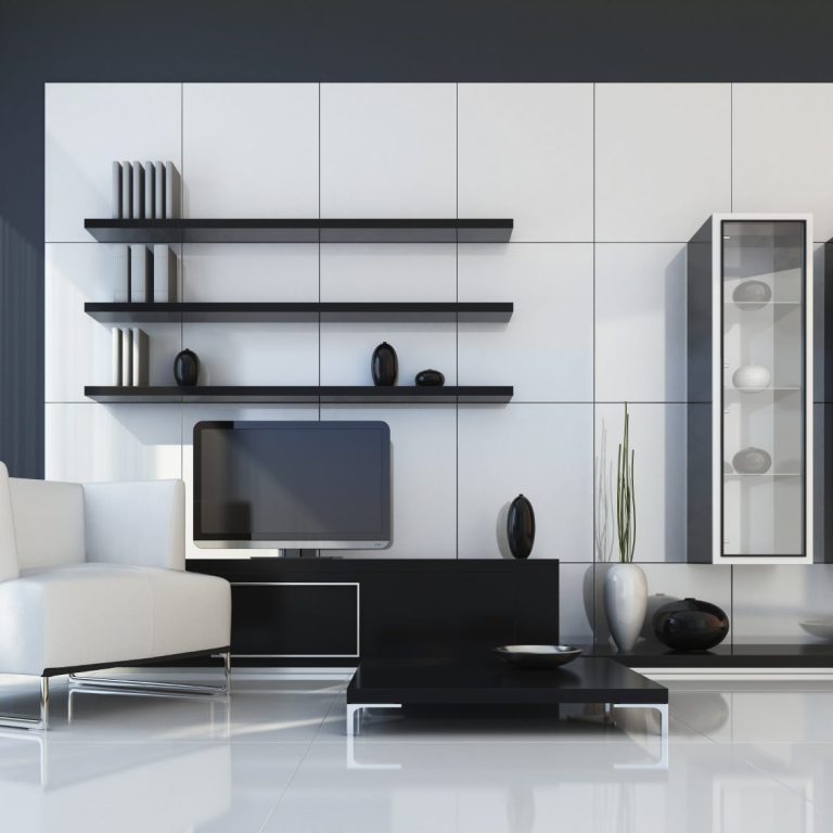 Salon moderne avec un canapé blanc, des étagères noires et un mobilier minimaliste.