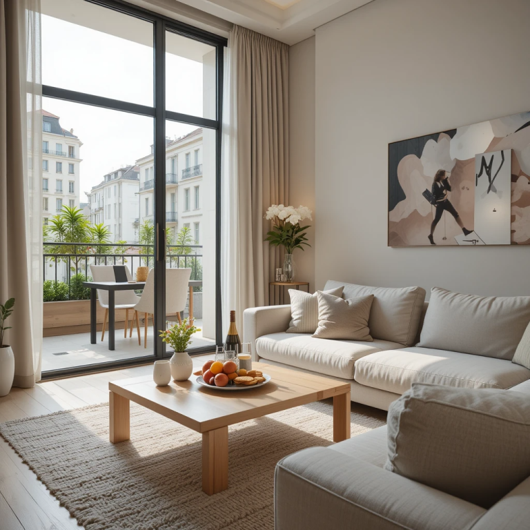 Salon lumineux avec canapé clair, table basse, fleurs et balcon sur la ville.